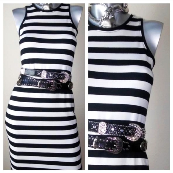 "Rachel Roy" Black/White Pop of Red Fitted Cocktail Party Midi Sleeveless Dress - Picture 5 of 9